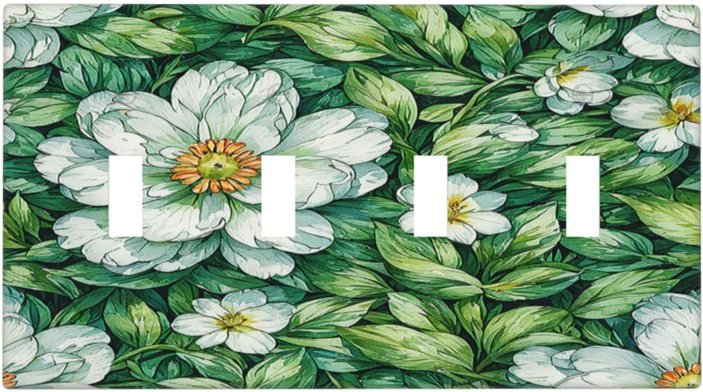 Vintage Floral White Flowers Green Plants Leaves Light Switch Covers Quad Toggle 4 Gang Wall Plate Decorative Switch Plates Electrical Faceplate for Bedroom Bathroom Decor