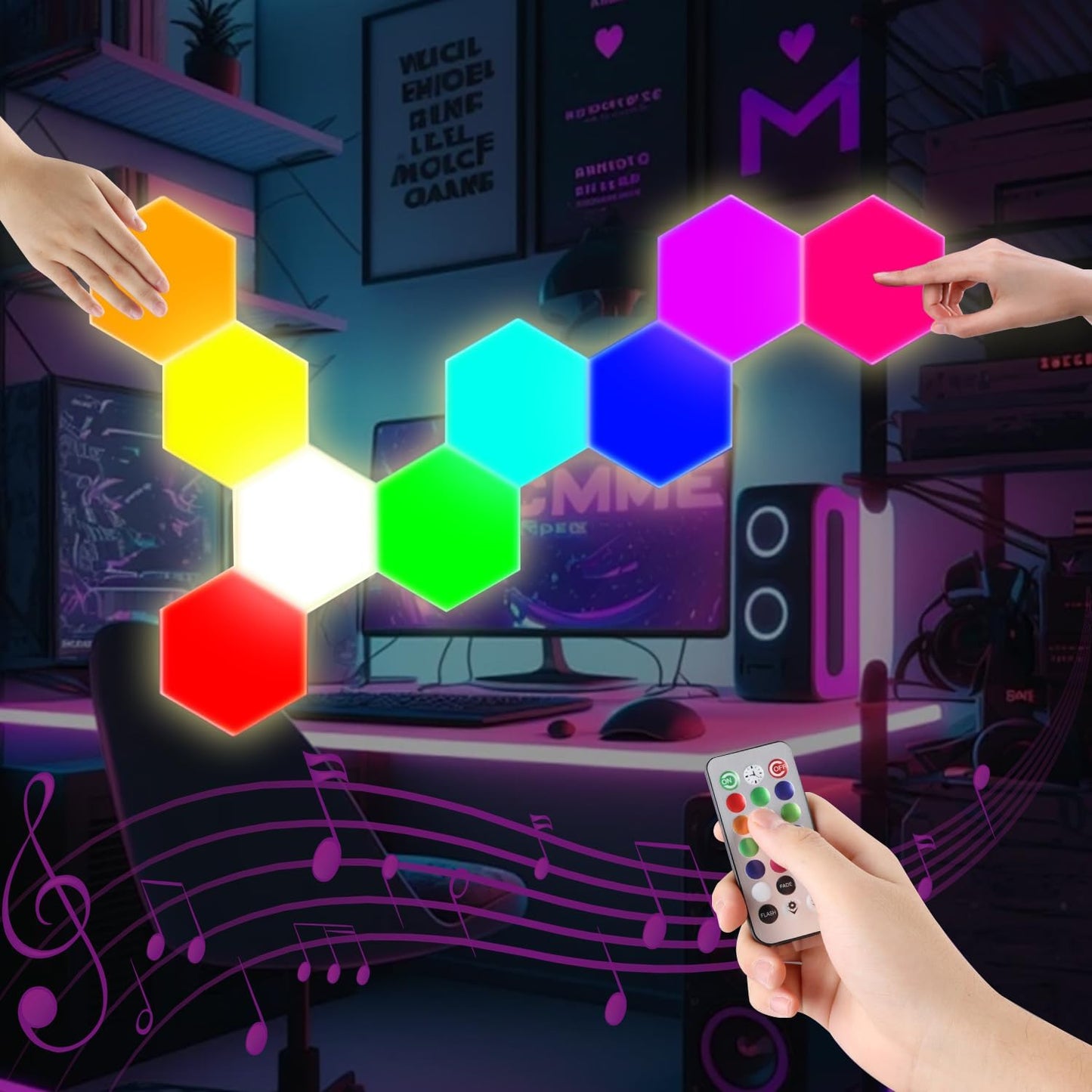10 Pack Hexagon Light Panels - Smart RGB Hexagon LED Lights Wall Lights Remote Control Lights for Lving Room, Bedrooms, DIY Lovers, Gifts, Gaming Room, Kids