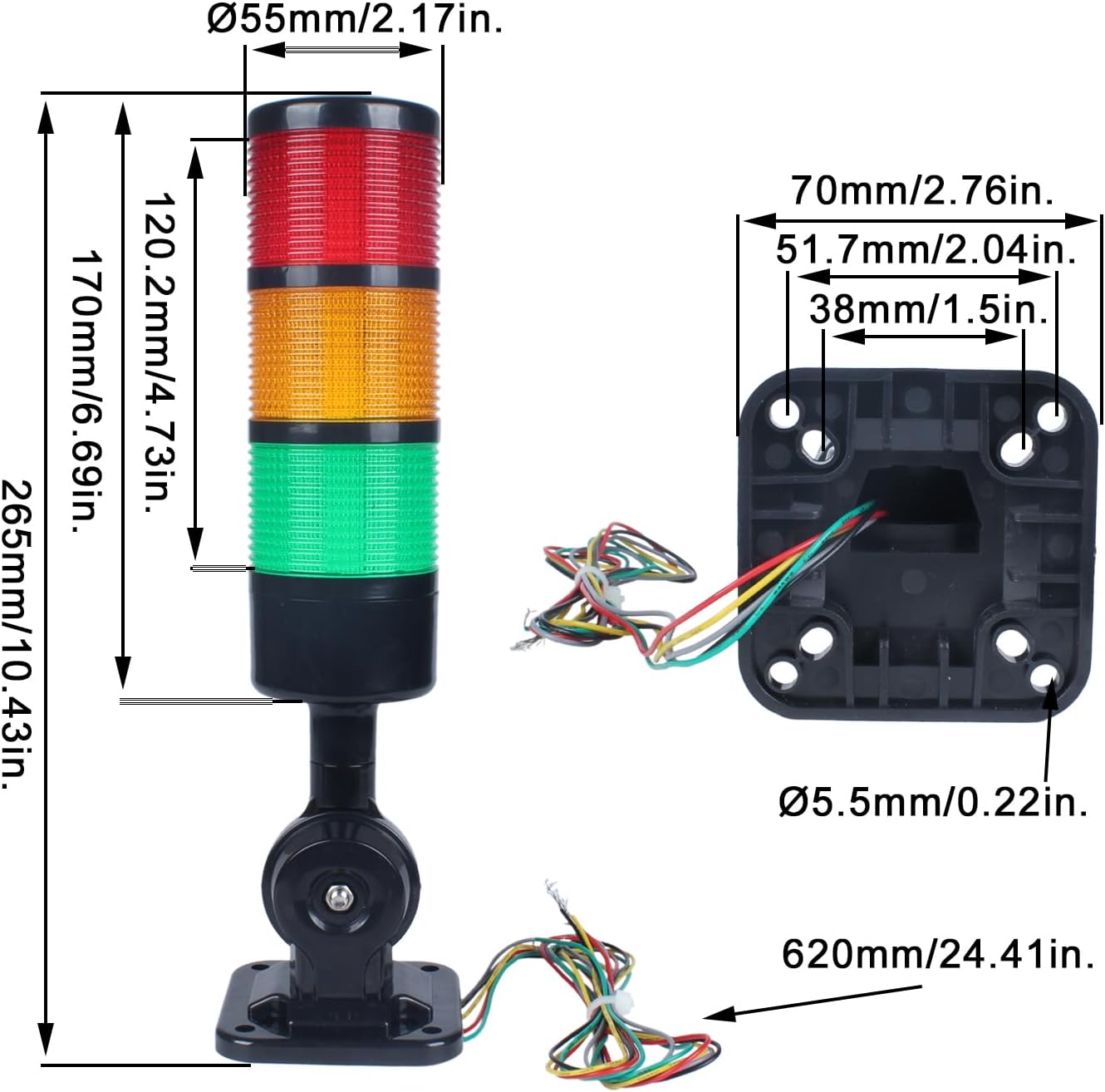 Led Signal Tower Stack Lights, Industrial Signal Warning Lights, Column Tower Lamp with Rotatable Base, Steady/Flashing Switchable,12V 24V DC(3-Layer, with Buzzer) Black