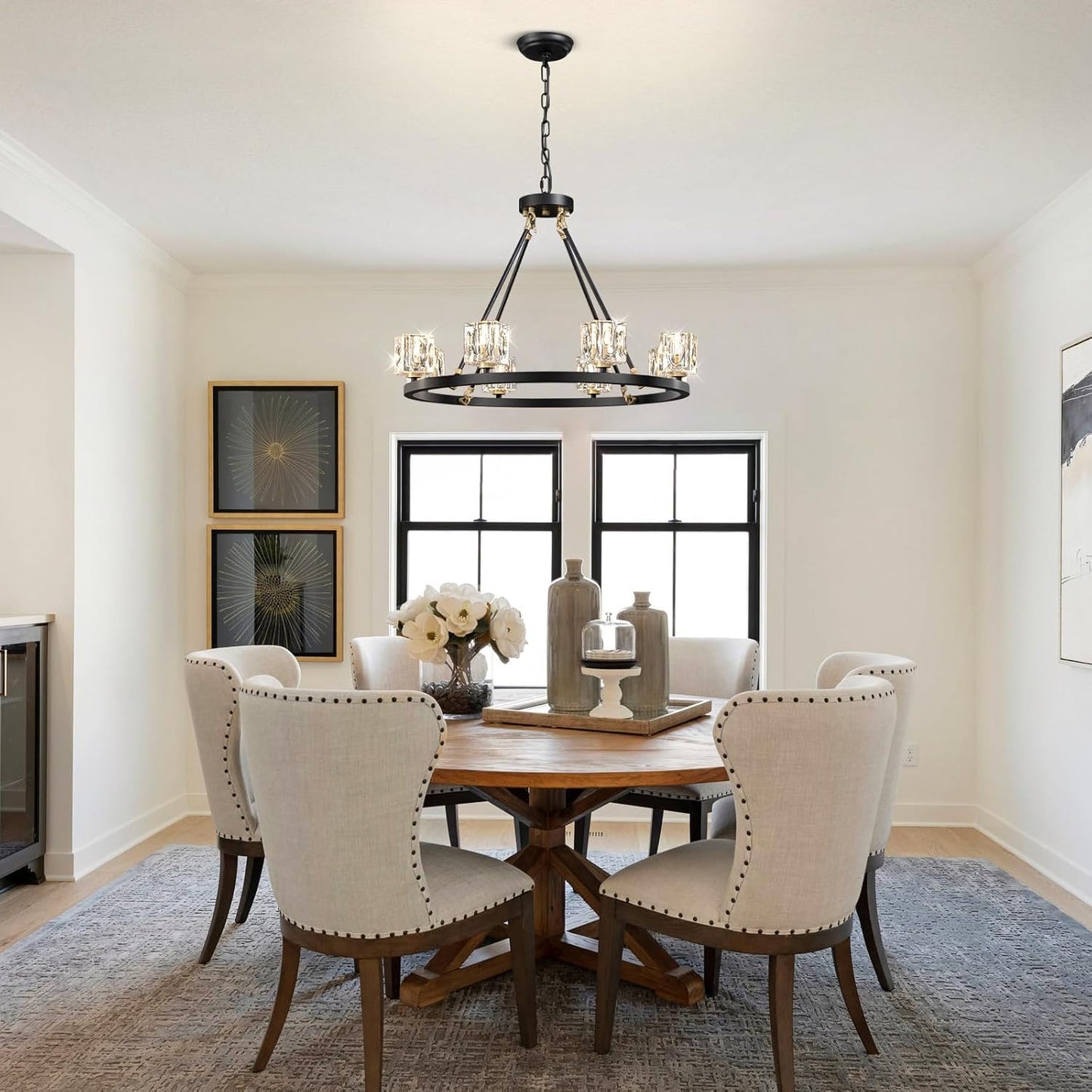 Black Wagon Wheel Chandelier,10-Lights Crystal Chandeleirs with Adjustable Height, Dining Room Light Fixture, Hanging Lights for Kitchen Island, Living Room, Bedroom, Entryway, G9 Base