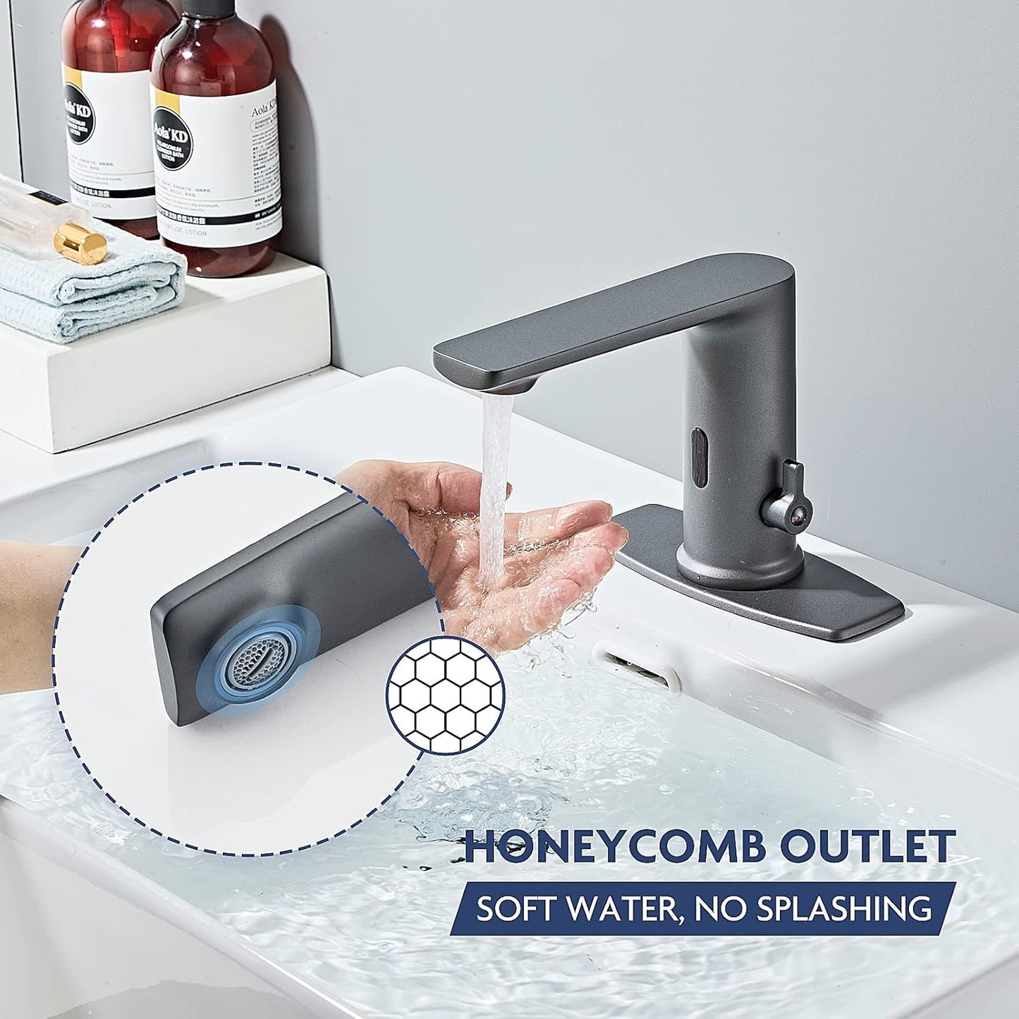 DIY No Drill Gunmetal Gray Sink Faucet with Hole Cover,Touchless Bathroom Faucet Automatic with Motion Sensor for Hygiene.Meets CEC WaterSense Standards.