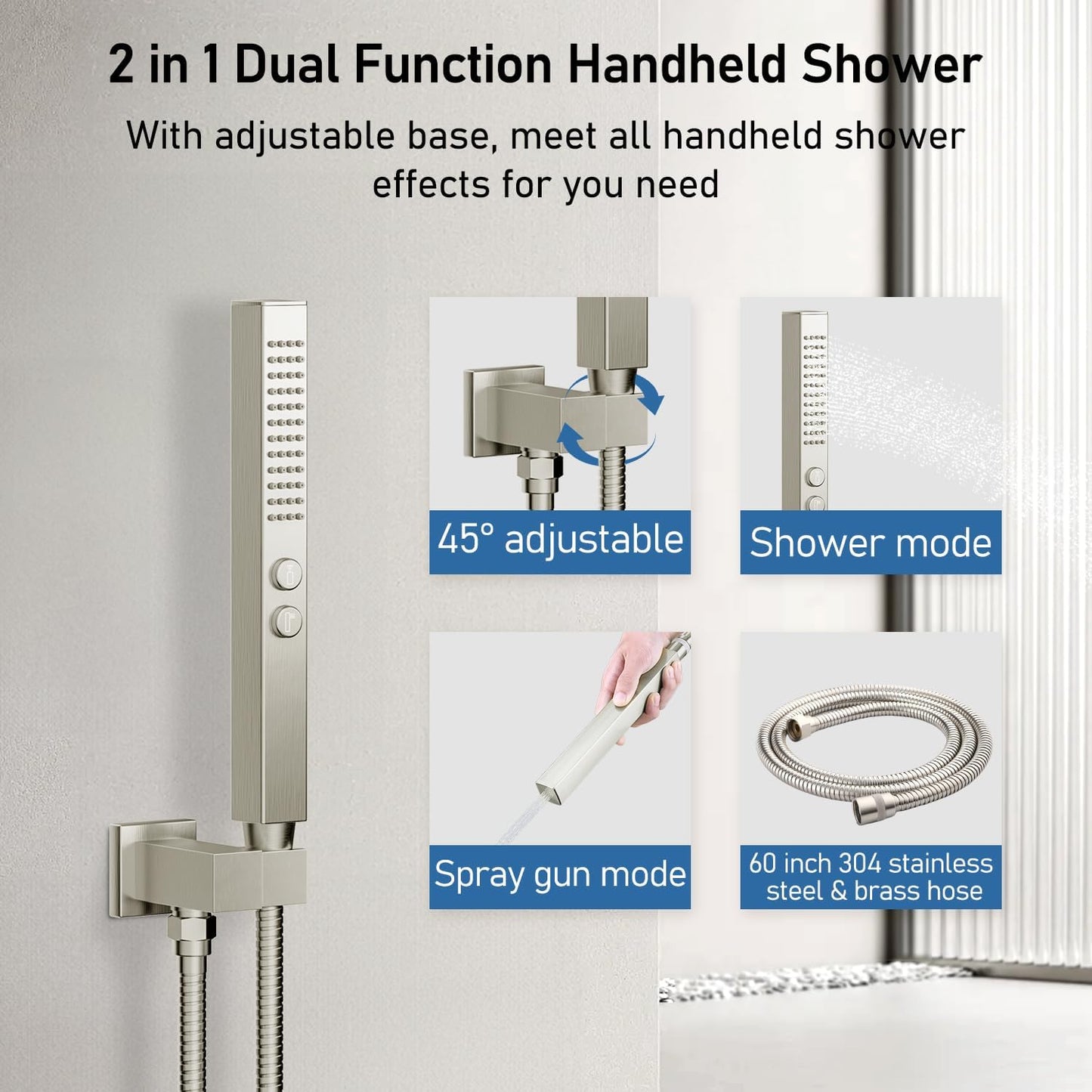 Shower Faucets Sets Brushed Nickel Shower System,12" Ceiling Rainfall Shower and 6" Wall Mount with 2 in 1 Handhled, Can Use All at Once, Thermostatic Shower Set with Valve and Trim Kit