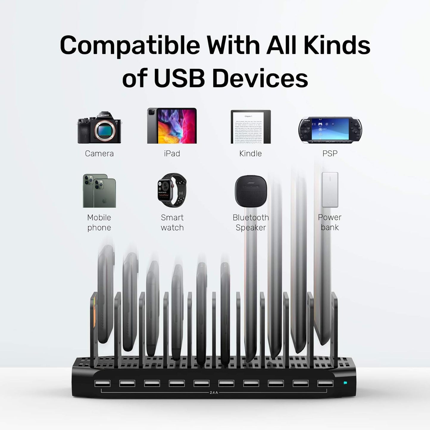 【10PCS】 Unitek Multi Charging Station, 10-Port USB Charger for Multiple Device with SmartIC Tech and Adjustable Dividers, Organizer Stand Compatible with iPad, Tablet, iPhone - 10PCS, White