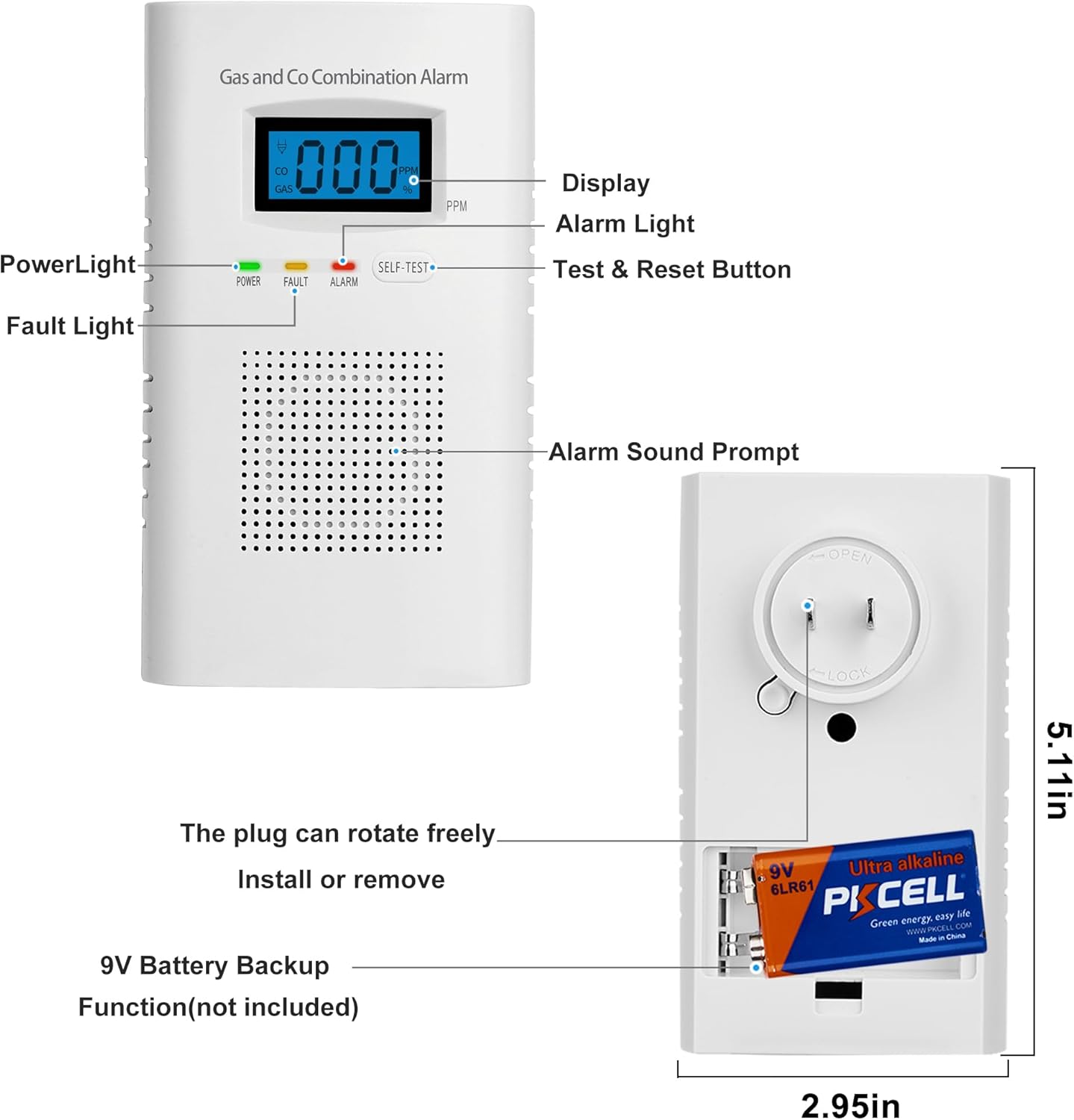 2 Pack Combination Gas & Carbon Monoxide Detectors - Plug in CO Alarm & Natural Gas Detector with Digital Display, CO Detector & Combustible Gas Detector for Home, Easy to Read