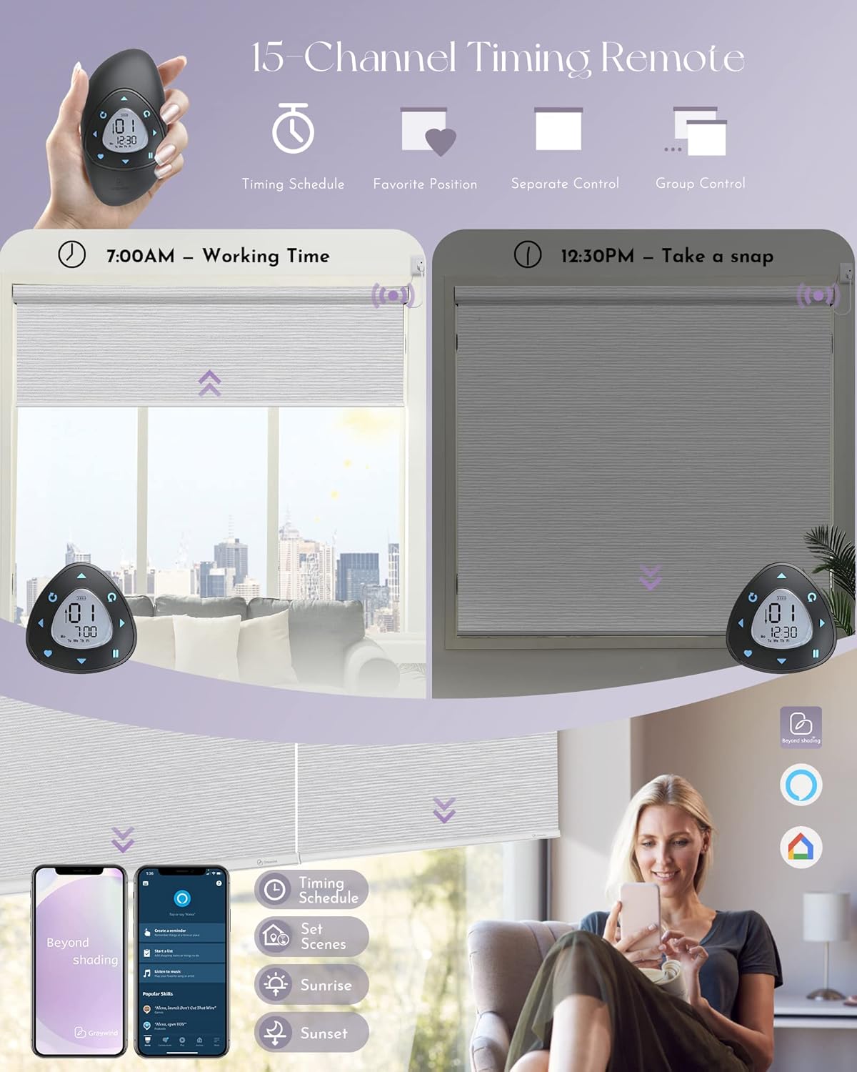Graywind Smart Blackout Roller Shades Compatible with Alexa Google WiFi Hardwired Textured Gleaming Fabric Motorized Blinds Remote Window Shades, Custom Size (Striped Light Grey)