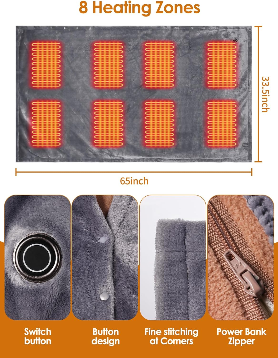 USB Heated Electric Blanket,with 10000mAh Power Bank,Cordless Portable Wearable Heated Throw Blanket,3 Heating Levels,8 Heating Zones,65''*34'' for Home,Travel and Camping