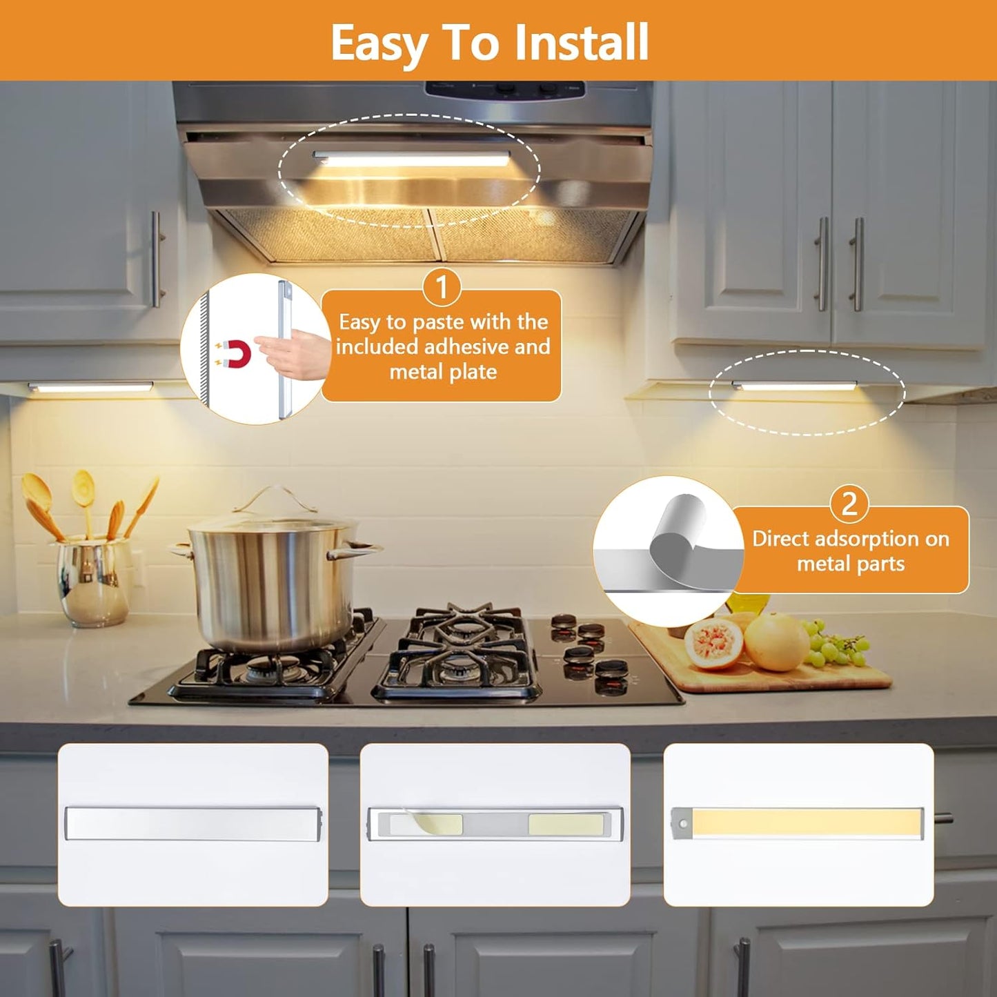 Under Cabinet Lights 2-Pack, Motion Sensor Indoor LED - 3 Color Dimmable, Rechargeable 1700mAh Battery, Wireless Magnetic Easy Install for Kitchen, Closet & Pantry