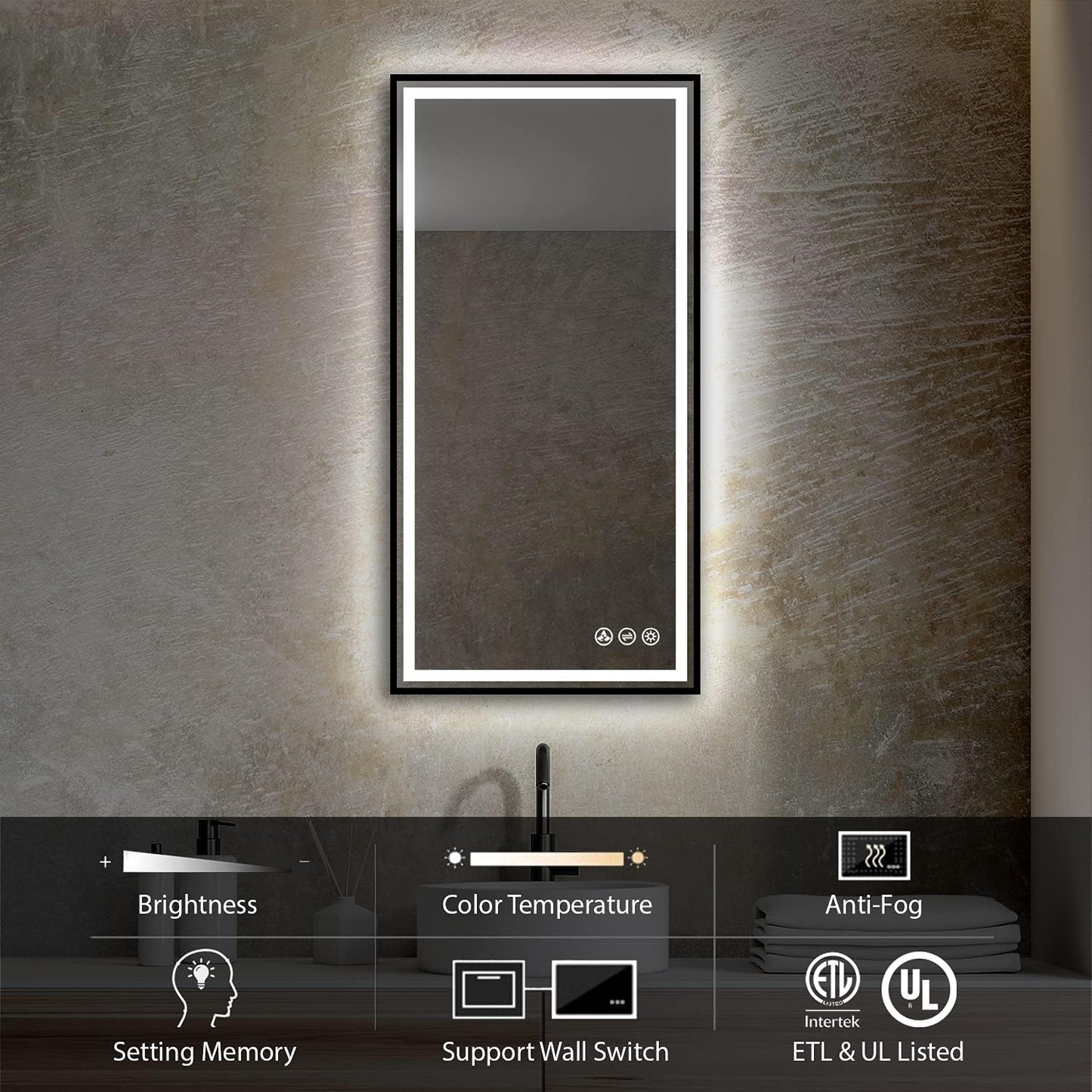 18x36 Inch LED Bathroom Mirror with Matte Black Frame| Wall Mounted Backlit Vanity Mirror with Lights | Anti-Fog, 3 Color Dimmable Smart Bathroom LED Mirror | Frame Vanity Mirror for Makeup