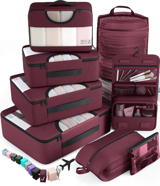 Veken 8 Set Packing Cubes for Travel Essentials, Christmas Gifts, Suitcase Organizer Bags in 4 Sizes, Carry-On Luggage Accessories with Large Laundry & Hanging Toiletry Bag, Must-Have for Airplane