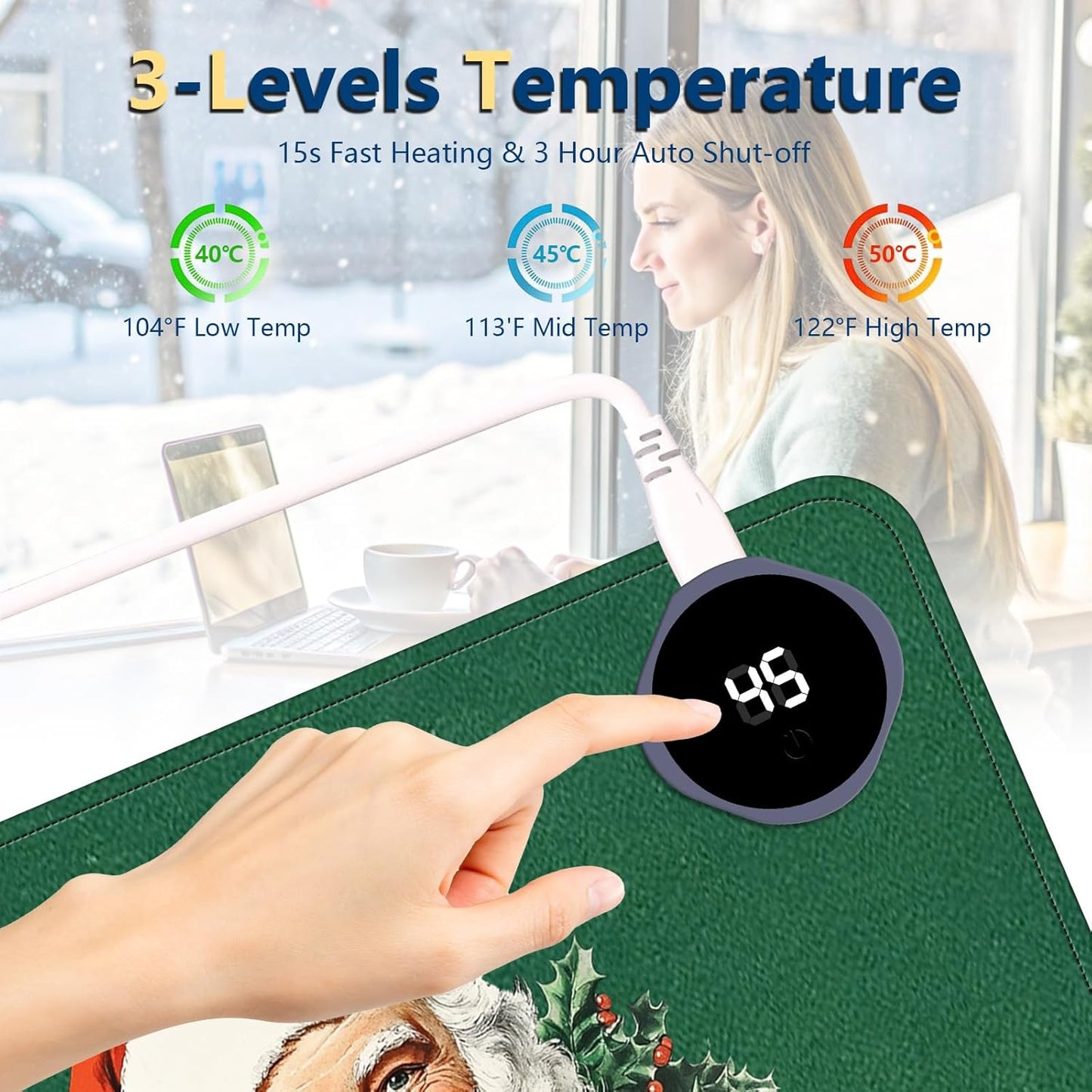 Heated Mouse Pad with 3 Temperature Settings(104°F–122°F),Large 31.5x13 Inch PU Leather Heated Desk Mat,Waterproof Warming Pad for Office,Gaming & Cold Hands Relief,Santa Christmas