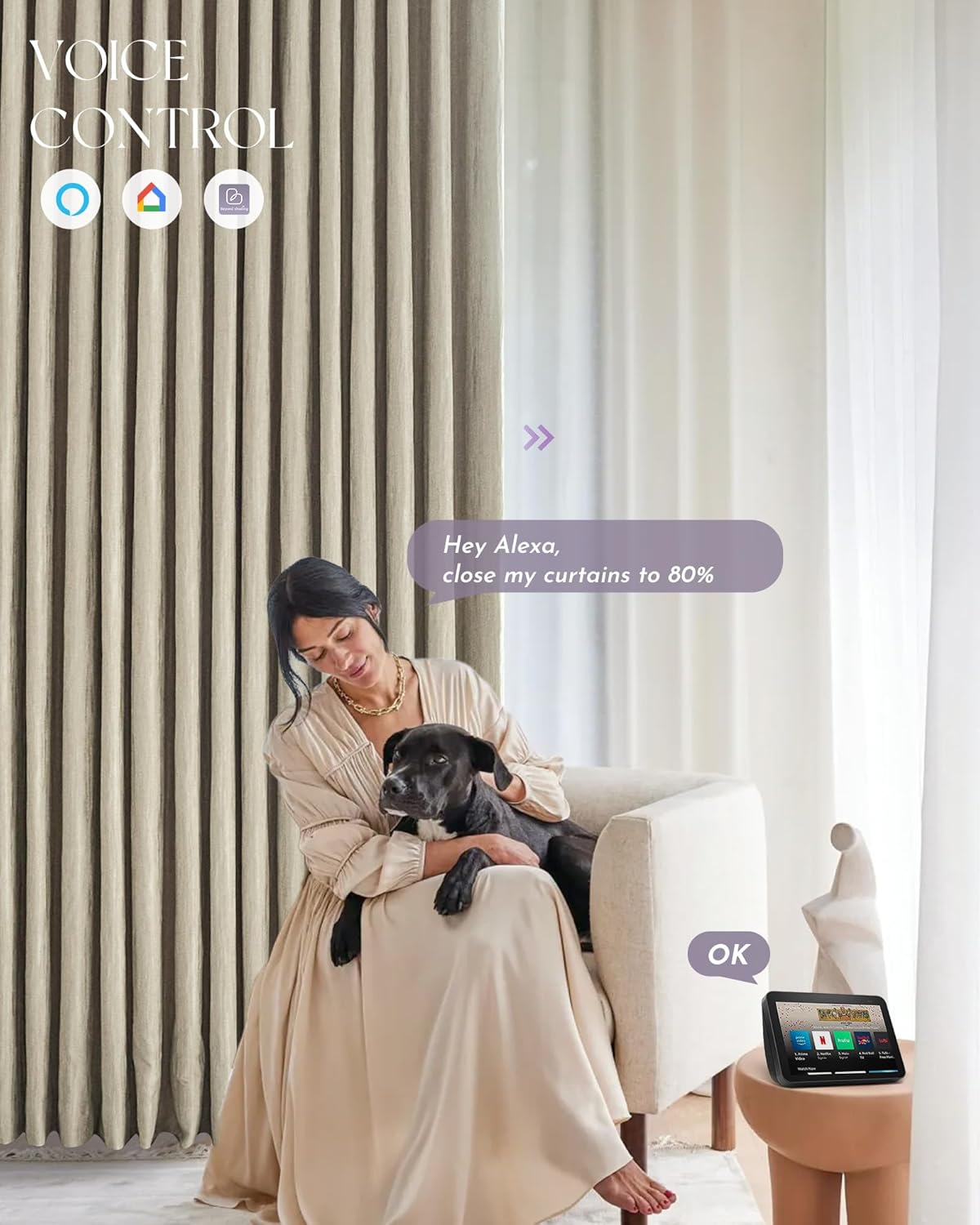 Graywind Rechargeable Smart Curtains Compatible with Alexa App Remote Control Motorized Drape for Sliding Door One-Way or Split Draw, Custom Width Up to 220" (Cloud Series)
