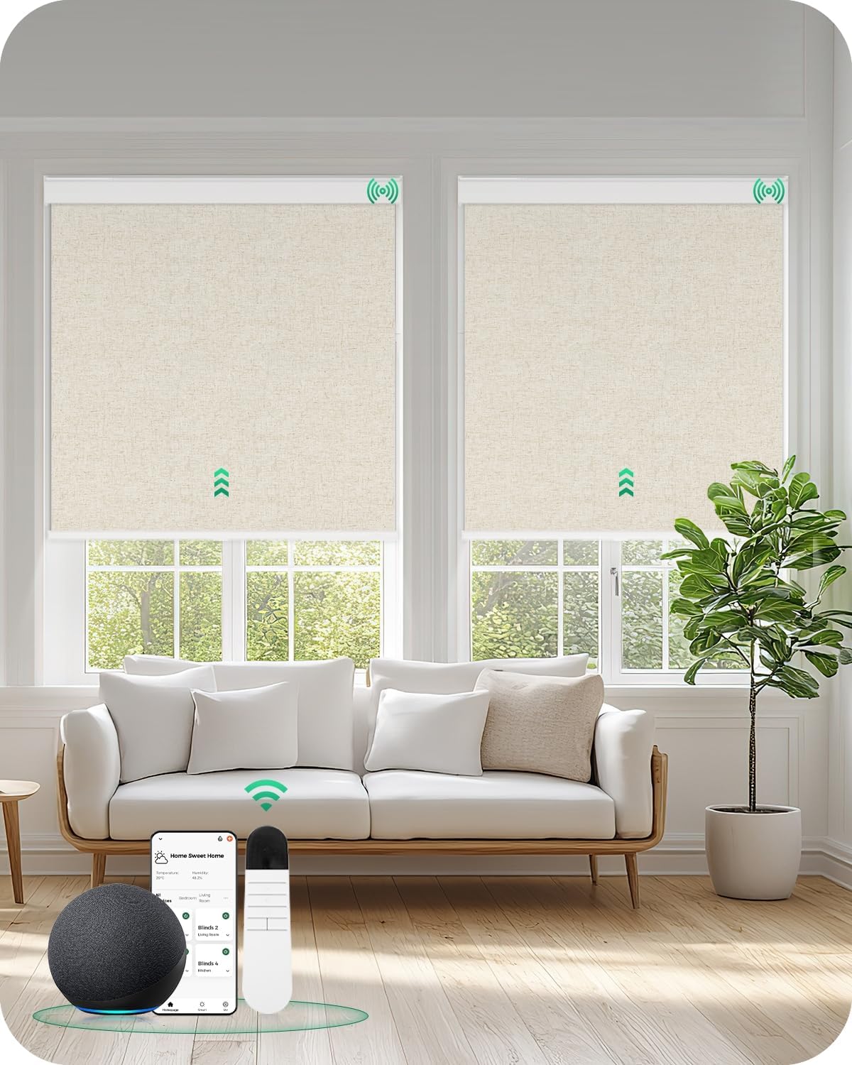 Allesin Motorized Roller Blinds – Rechargeable Smart Shades with Remote & Quiet Motor, Top/Bottom Aluminum Rails, Alexa-Compatible for Window (46" W x 72" H, 100% Blackout Sand-Linen)