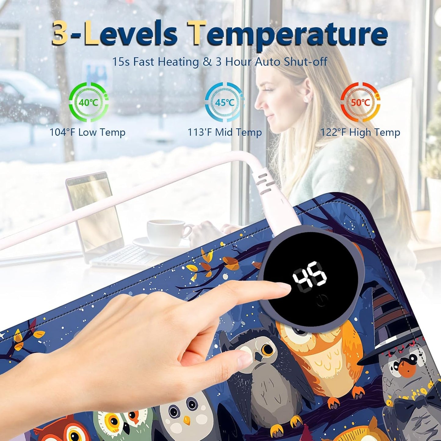 Heated Mouse Pad with 3 Temperature Settings(104°F–122°F),Large 24x14.2 Inch PU Leather Heated Desk Mat,Waterproof Warming Pad for Office,Gaming & Cold Hands Relief,Colorful Night Owls