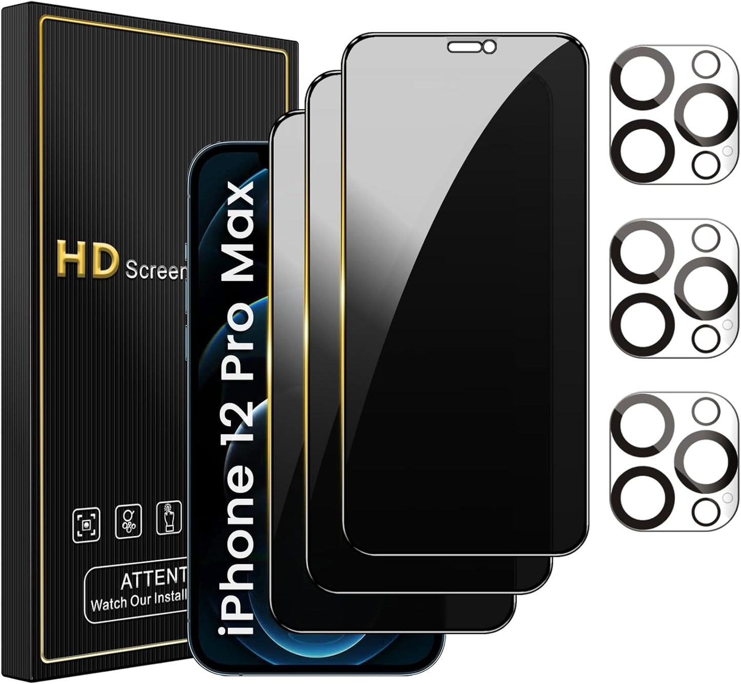 3 Pack Privacy Screen Protector for iPhone 12 Pro Max 6.7 Inch with 3 Pack Camera Lens Protector, Anti Spy Tempered Glass Film, Anti-Scratch, Touch Sensitive, Case Friendly