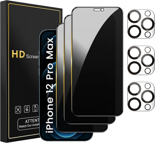 3 Pack Privacy Screen Protector for iPhone 12 Pro Max 6.7 Inch with 3 Pack Camera Lens Protector, Anti Spy Tempered Glass Film, Anti-Scratch, Touch Sensitive, Case Friendly
