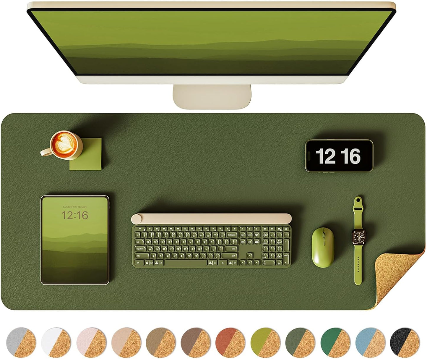 YSAGi Double-Sided Desk Pad, 31.5"x15.7"Leather Desk Mat, Eco Cork Desk Pad Protector,Large Mouse Pad,Waterproof Desk Blotter for Office/Home(Olive Green)