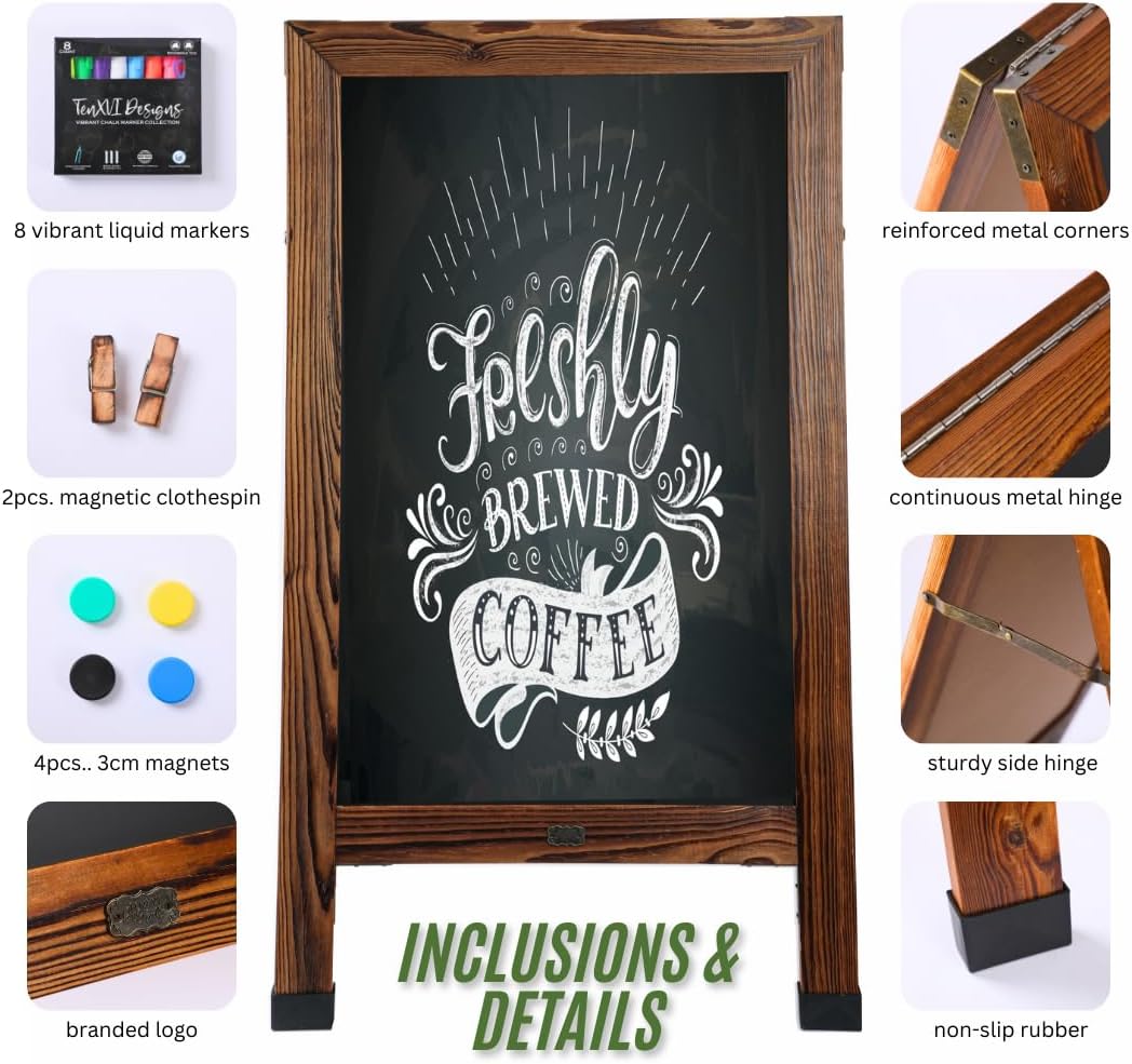 TenXVI Designs 40"x22" A-Frame Sign, Torched Wood Sandwich Board, Double-Sided Magnetic Chalkboard for Cafe, Bar, Restaurant Owners, Wedding Planners, Outdoor Sandwich Board Signs