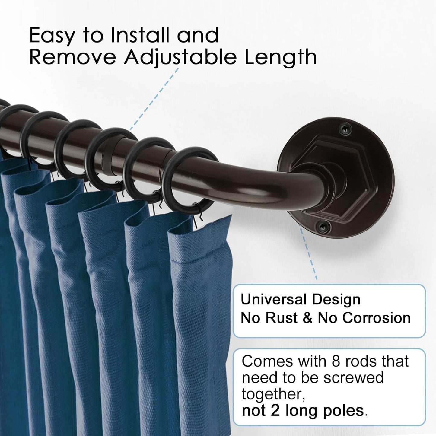 Curtain Rods for Windows 16 to 120 Inches Adjustable Blackout Wrap Around 1 Inch Diameter Curtain Rod, Bronze