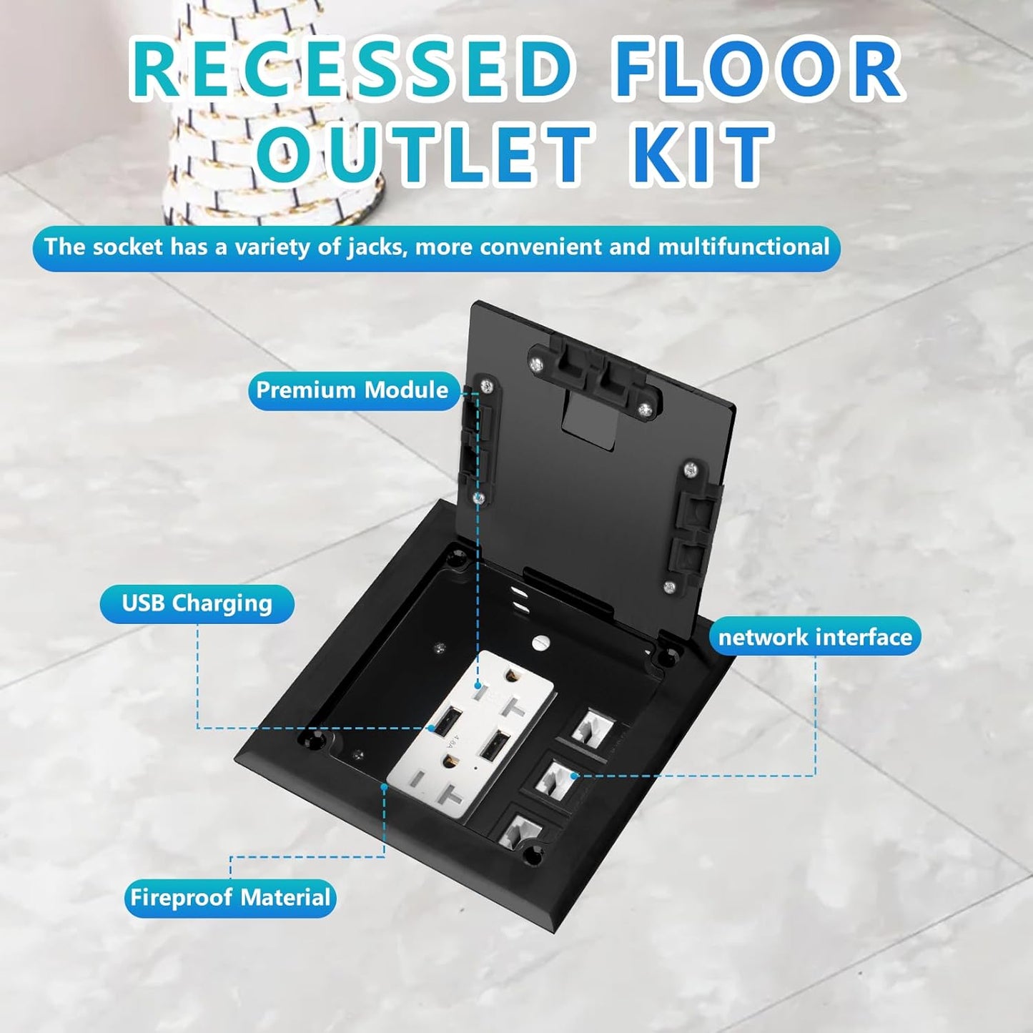 KYHSHJ Recessed Flat Hidden Socket Kit with 2 * 20A Receptacle，4.8A*2 USB-A Ports +3-Port RJ45 Datacom Receptacle. Internal Height Adjustable，Corrosive Resistant Hardware,Black