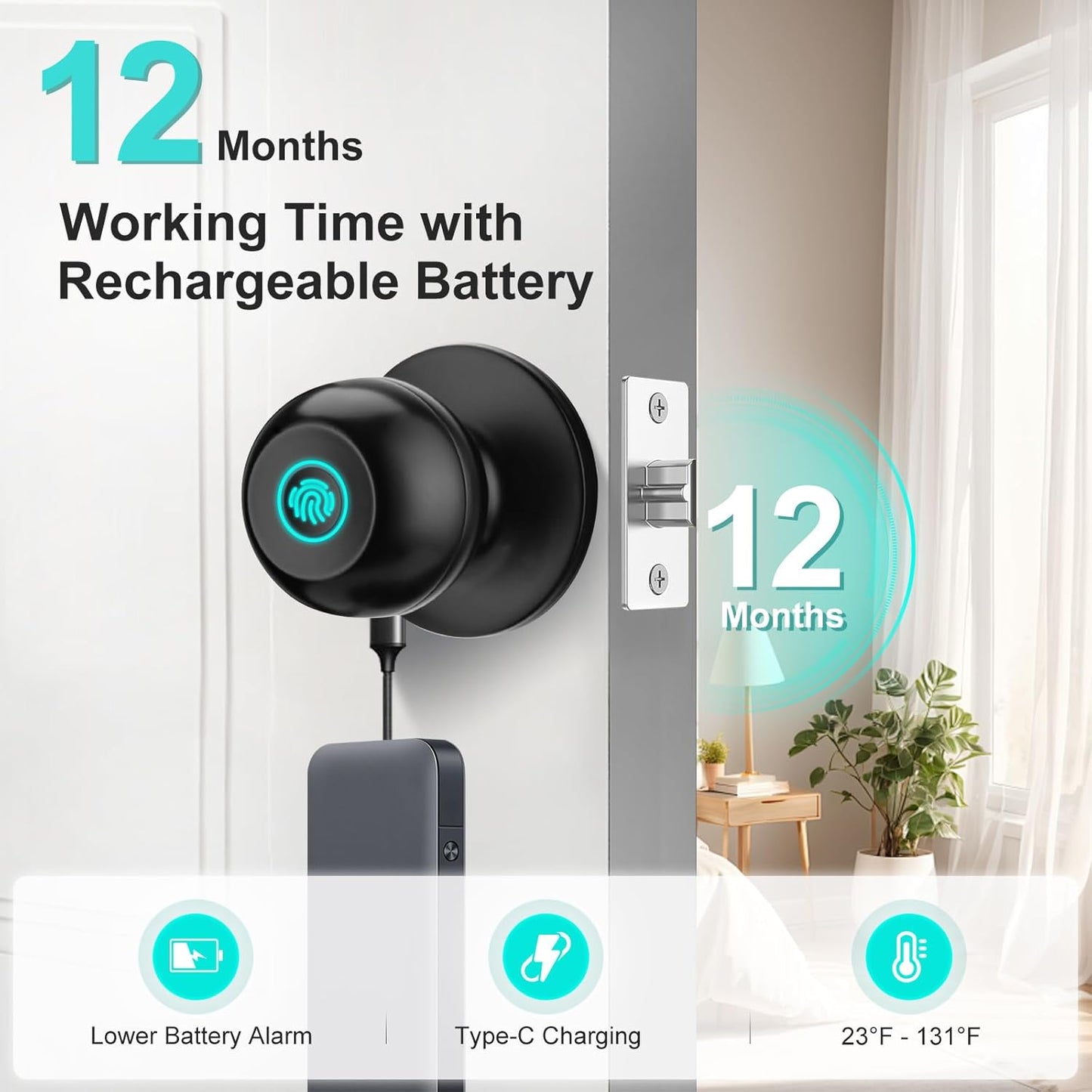 JO.KO 2 Pack Fingerprint Door Lock, Biometric with App Control & Key, Smart Door Knob for Bedroom, Entry Door, Keyless Finger Print Door Knob with Thumb Print Black, Different Keys