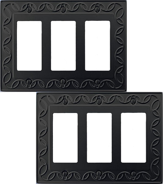 Triple Decorator Light Switch Cover NovaBloom Metal Wall Plate, 2-Pack Black 3 Gang Triple Rocker, Receptacle Dimmer Switch Cover GFCI Outlet Decorative Wallplate, Durable