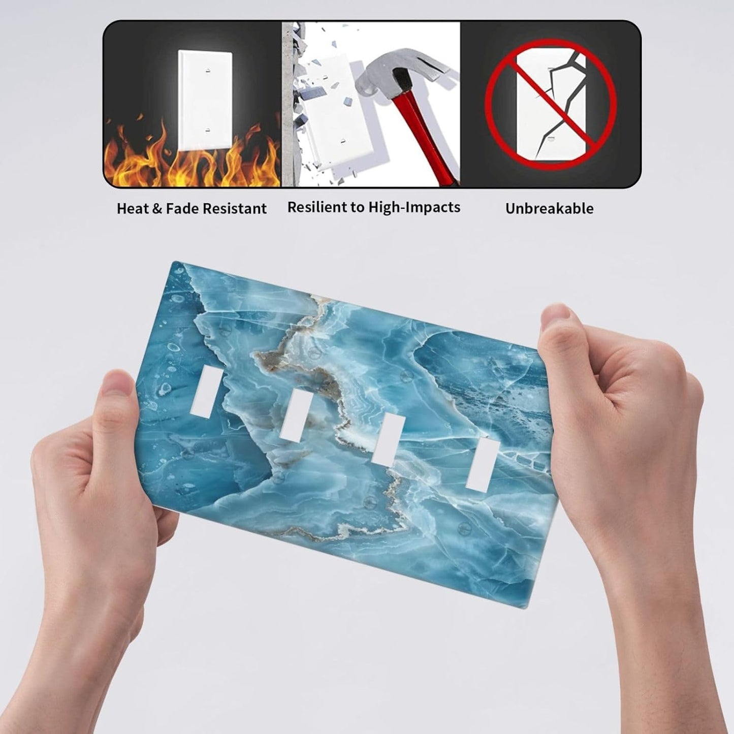 Decorative Light Switch Cover Plate Abstract Watercolor Blue Marble Texture 4 Gang Wall Plates for Electrical Outlets Quad Toggle Switch Plate Covers Outlet Covers Faceplate for Home Decor