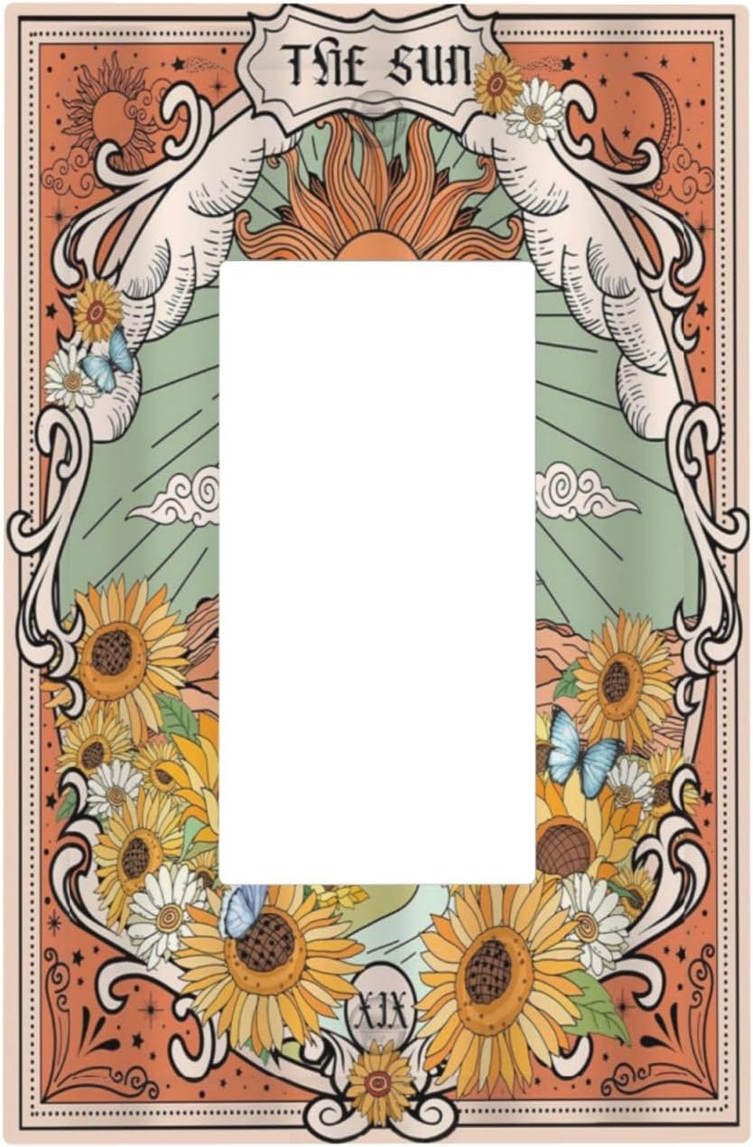 Boho Retro Sun Sunflower Vintage Flower Butterfly Decorative Outlet Covers 1 Gang Single Rocker Light Switch Cover Plate Wall Plates GFCI Faceplate for Farmhouse Home Decor