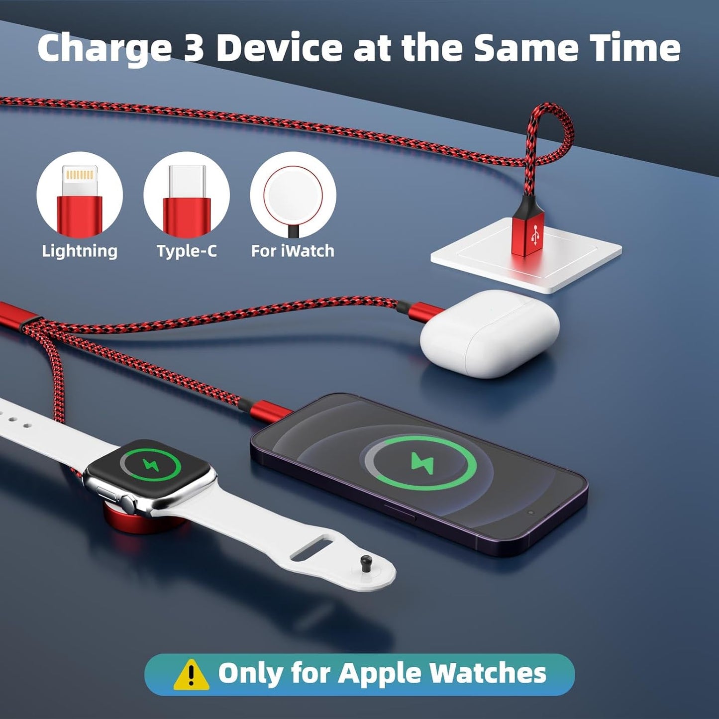 Multi Charging Cable for Apple iWatch Charger, 3 in 1 Charging Cable USB Multiple Charger Cord for iWatch Ultra/SE/10-1, iPhone17-8, iPad, Android, Car, Cruise Essentials - 3Pcs 5FT