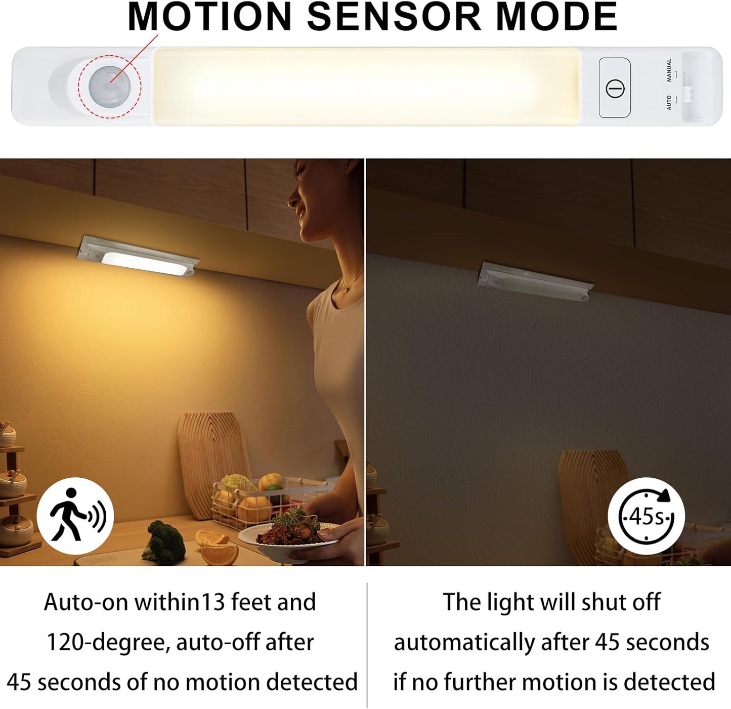 LUXSWAY LED Motion Sensor Light Indoor, Dimmable Under Cabinet Lights, Manual ON/Off, Battery Operated Closet Lighting Bar, Shelf Light, Stick-on Anywhere Night Lighting for Kitchen Wardrobe Pantry