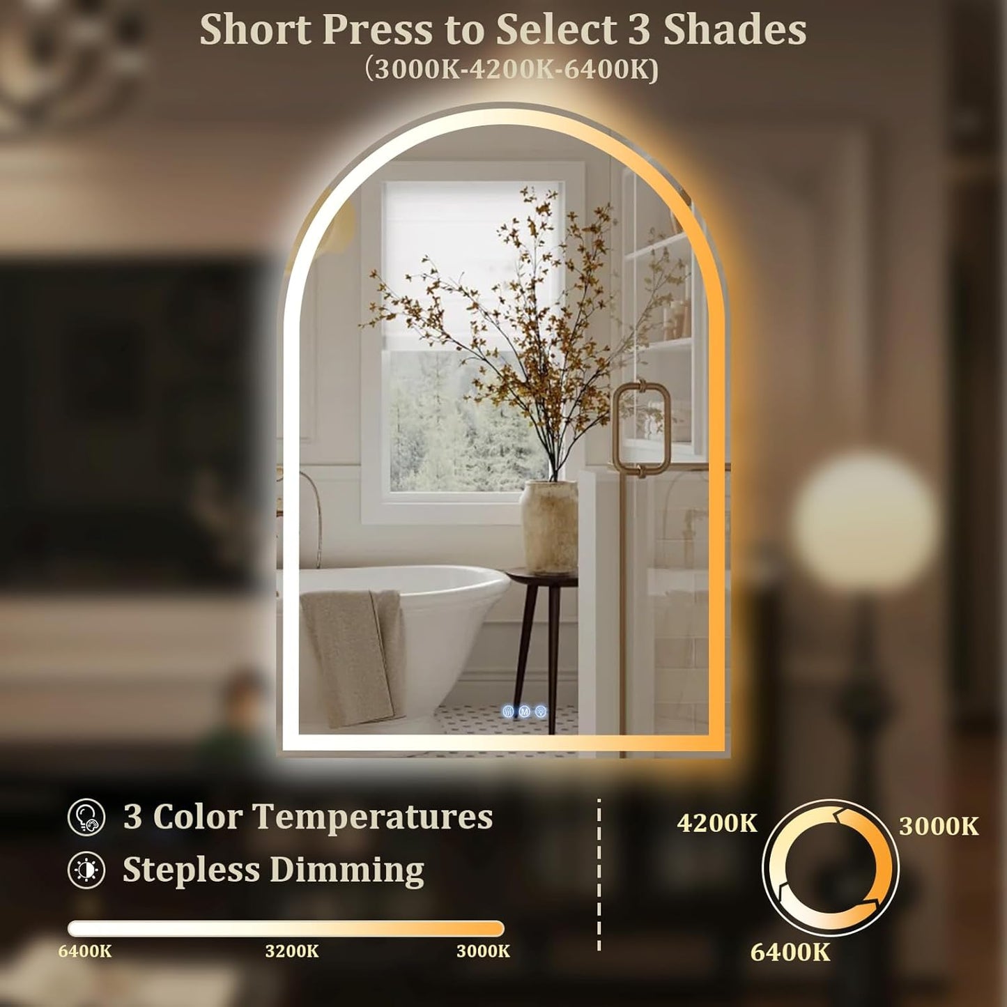 BEAUTYPEAK 34x30 LED Arch Bathroom Mirror with Lights, Anti-Fog, Dimmable, Backlit + Front Lit, Lighted Bathroom Vanity Mirror for Wall, 3 Colors, Memory Function, Tempered Glass, Shatter-Proof