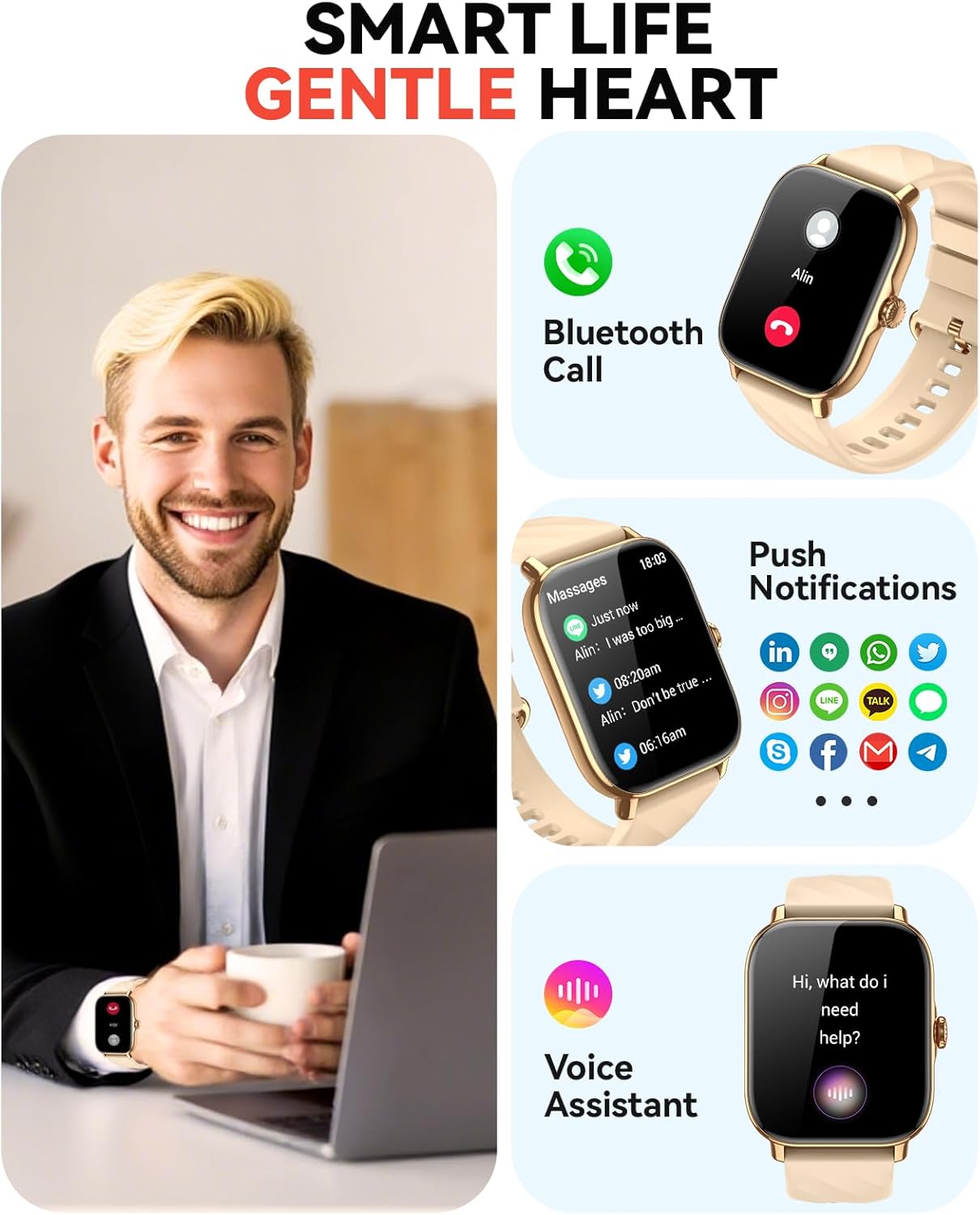 Smart Watches Fitness Tracker for Men Women with Step Counter, Sleep / Calorie Monitor, Pedometer, IP68 Waterproof, 120+ Sports for iPhone Android, 1.91”HD Touchscreen Smartwatch (Casual, Gold, 1.91)