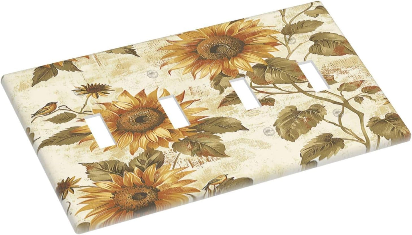 Light Switch Covers Rustic Sunflower Floral Pattern Quad Toggle Electrical Faceplate 4 Gang Wall Plate Decorative Switch Plates for Bedroom Cabin Decor