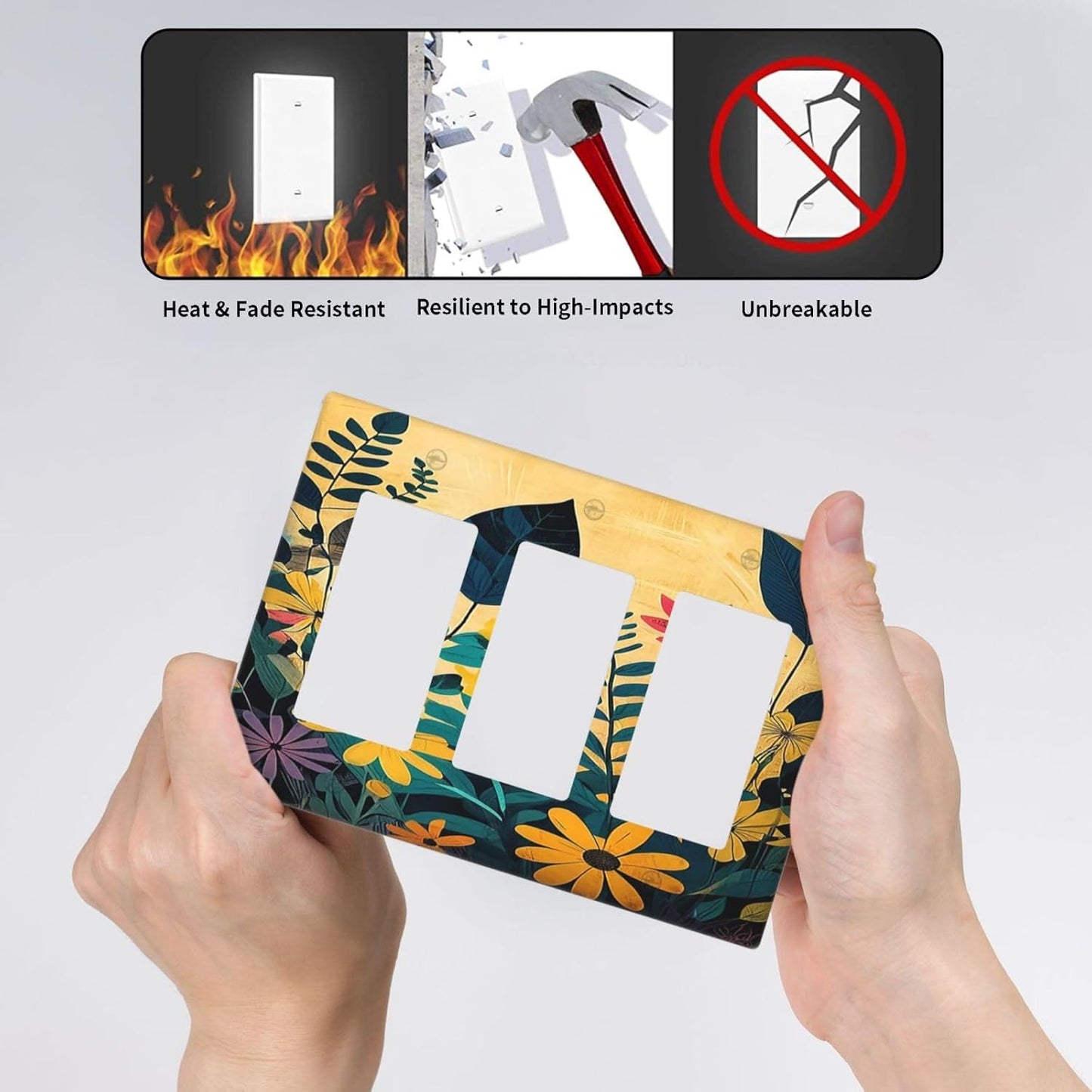 Abstract Minimalist Floral Botanical Boho Flower Triple Rocker Light Switch Covers 3 Gang Outlet Cover Wall Plates Decorative Switch Plates Electrical GFCI Faceplate Switchplate 4.49 X 6.38 IN