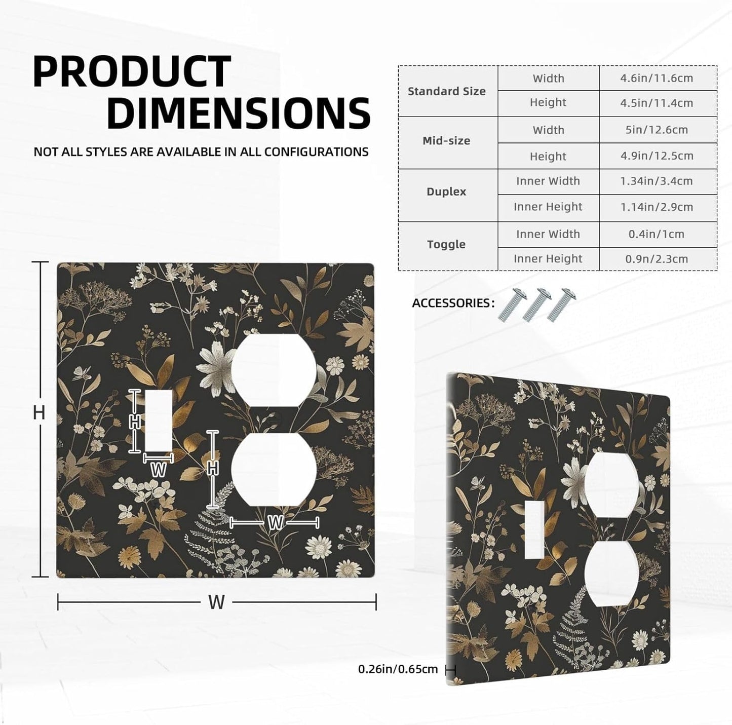 Wallplates Black Gold Floral Dark Leaves Vintage Flowers 1 Toggle 1 Duplex Switch Plate Electrical GFCI Faceplate Decorative Light Switch Covers for Bed Room Home Decor