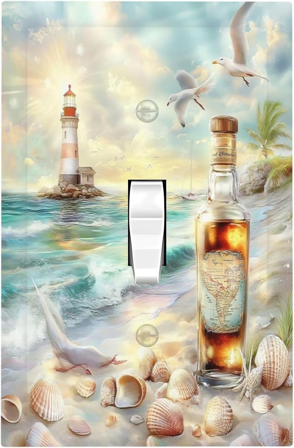 Decorative Light Switch Cover Beach Ocean Lighthouse Seashells 1 Gang Single Toggle Device Electrical Faceplate Switchplates Decorator Outlet Wall Plate For Bed Room Living Room Decor