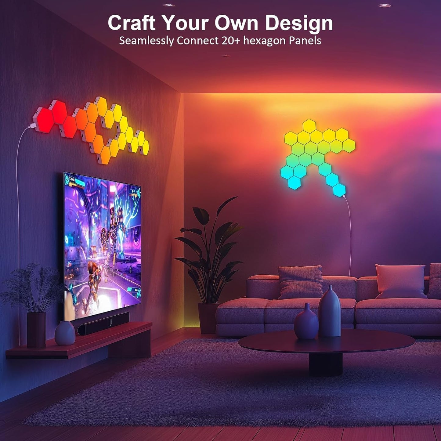 Hexagon LED Lights 8 Pack - RGB Wall Panels with Music Sync, Smart App & Remote Control, DIY Modular Hex Light for Gaming Room, Bedroom, Living Room, Wall Decor