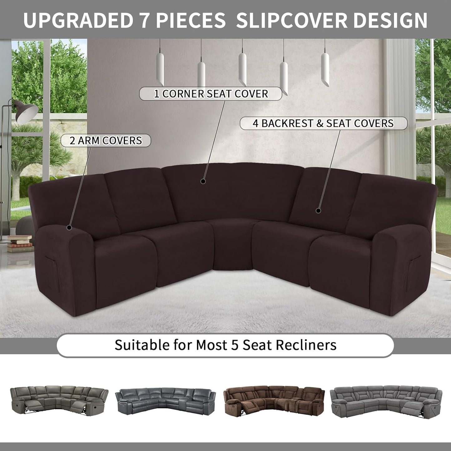 Easy-Going 100% Waterproof Recliner Cover, Stretch Couch Covers for Reclining Couches, Extra Large Sectional Sofa Slipcover, L-Shape Furniture Protector for Kids & Pets, 5 Seater, Chocolate