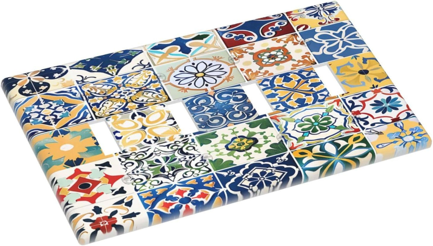 Light Switch Covers Moroccan Traditional Mexican Talavera Til Quad Toggle Electrical Faceplate 4 Gang Wall Plate Decorative Switch Plates for Kitchen Home Decor