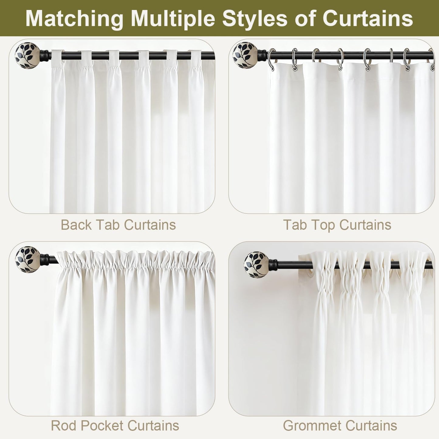 Ceramic Black Curtain Rods for Windows 48 to 84 Inches Adjustable Length Heavy Duty 1" Diameter Window Curtain Rod with Modern Leaf Pattern Decorative Finials for Bedroom Kitchen Living Room
