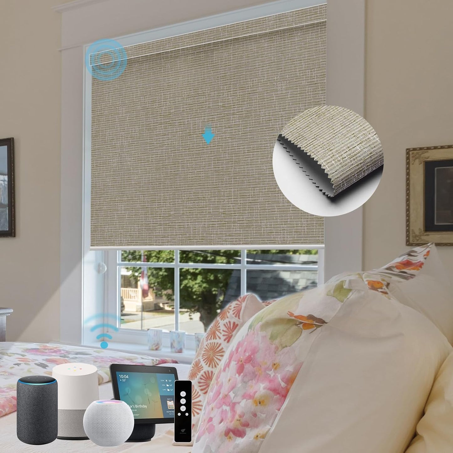 SmartWings Motorized Roller Shades Work with Homekit, Alexa Google, 100% Blackout Smart Blinds for Windows, Cordless Remote Control Window Shades, Safari White, Customized Size