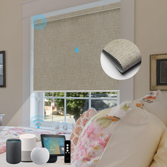 SmartWings Motorized Roller Shades Work with Homekit, Alexa Google, 100% Blackout Smart Blinds for Windows, Cordless Remote Control Window Shades, Safari White, Customized Size