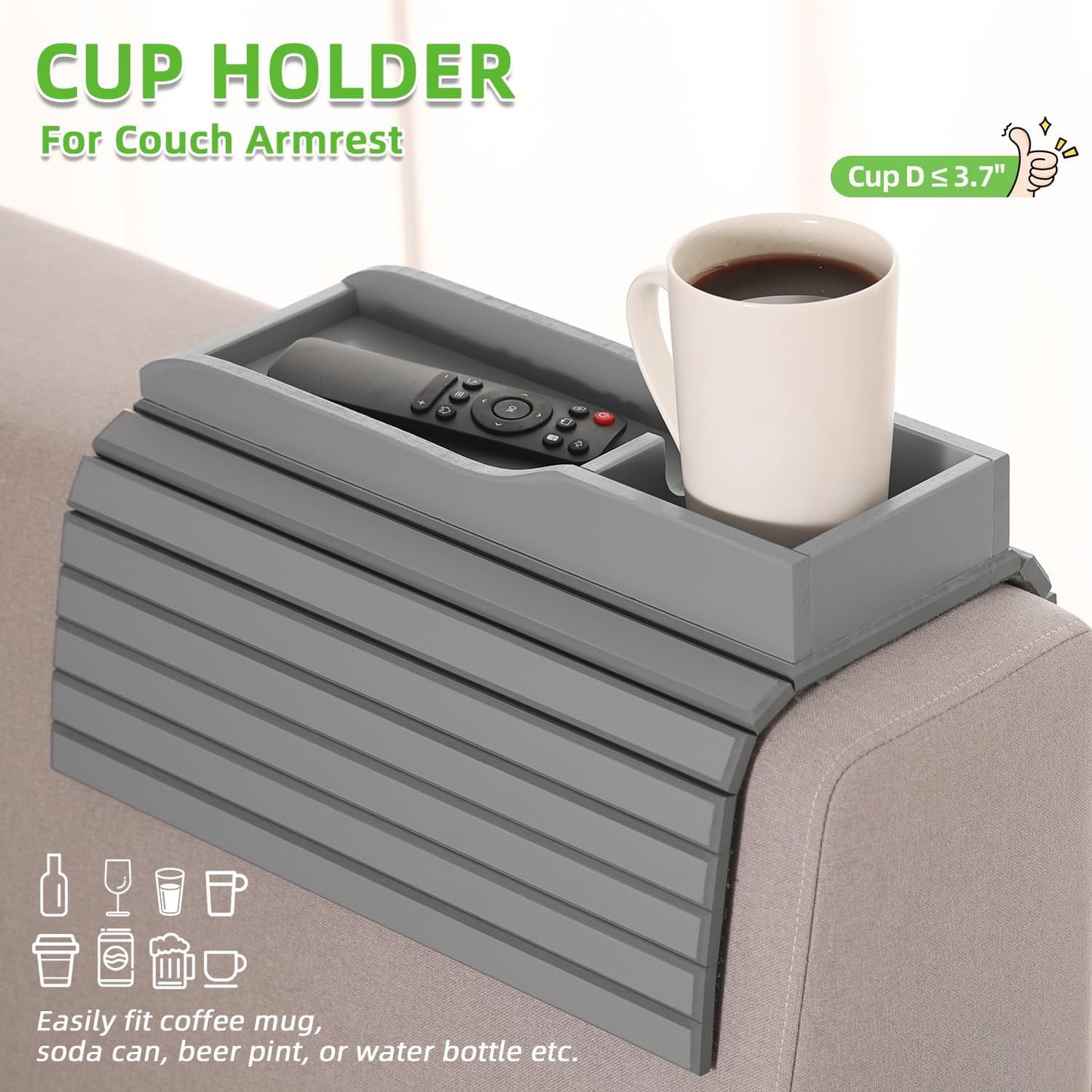GEHE Couch Cup Holder, Anti Falling Couch Drink Holder, Natural Bamboo Sofa Cup Holder Armrest Tray, More Safe for You Family, Portable Couch Arm Tray Table for Remote/Snacks/Cellphone/Drinks/Cup