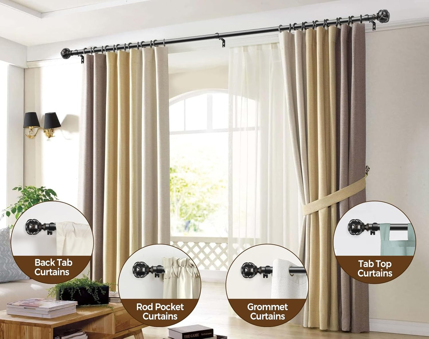KAMANINA 2 Pack Curtain Rods for Windows 48 to 84 Inch, Black Heavy Duty Curtain Rod Adjustable, 7/8 Inch Single Decorative Drapery Rods 32 to 86 Inch(2.6-7.1Ft), Netted Texture Finials