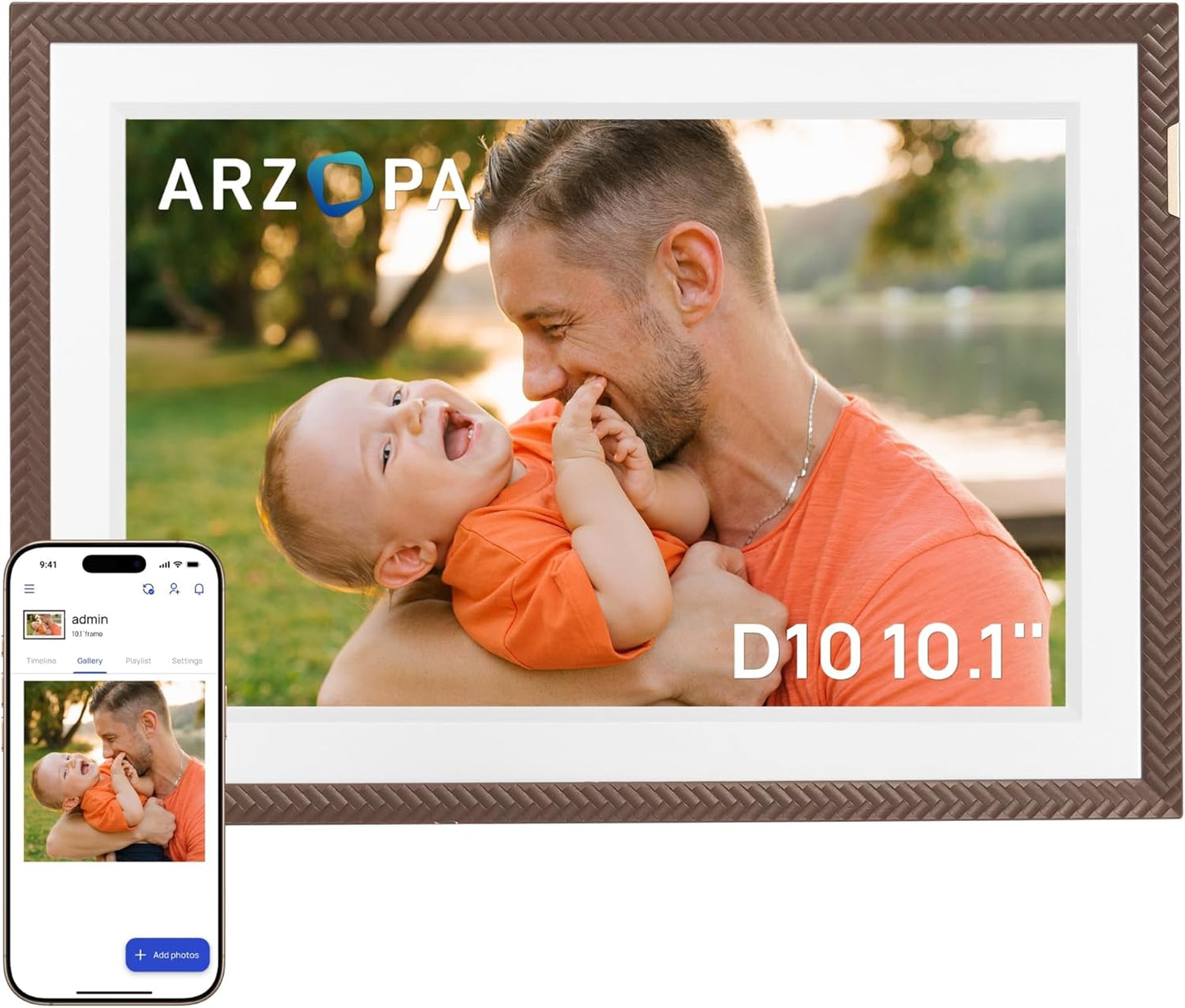 ARZOPA 10.1" WiFi Digital Picture Frame 32GB HD IPS Anti-Glare Touch Screen Digital Photo Frame, Wall Mountable, Auto-Rotate, Easy Sharing Photos Videos &Custom Gifting via Free ARZOPA APP - D10 Brown