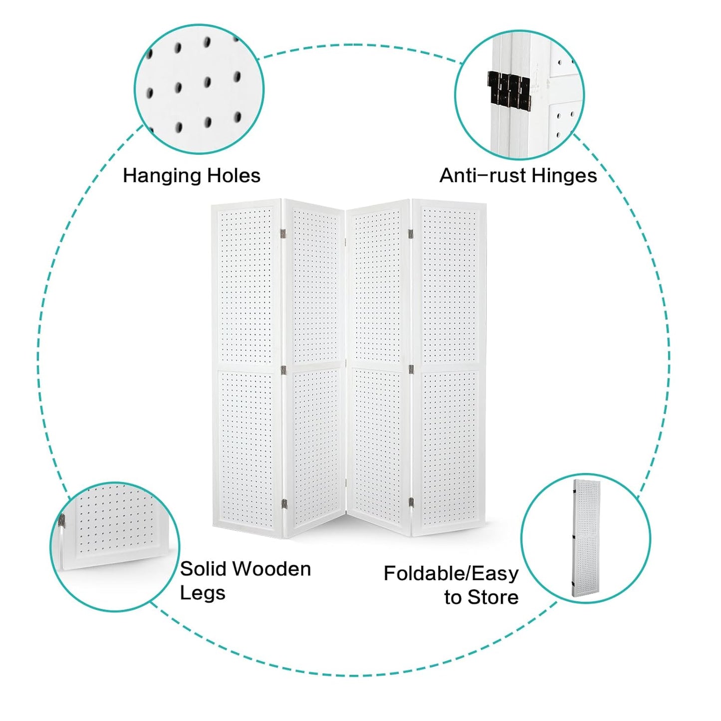 Babion 4 Panel Pegboard Display, Peg Board Room Divider Freestanding Folding Privacy Screens Pegboard Display Stand for Craft Shows (White)