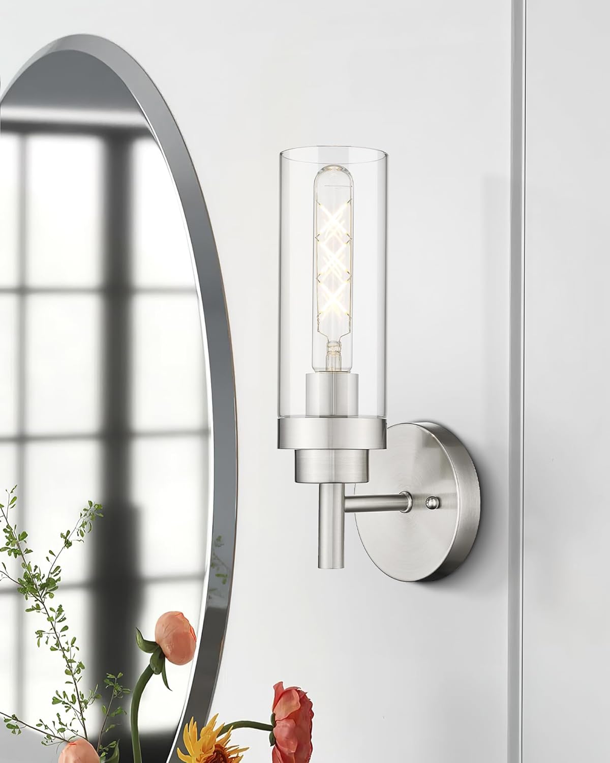 Emak Brushed Nickel Wall Sconce Light, Modern Bathroom Light Fixtures with Clear Glass Shade, 1 Light Wall Lights for Bedroom, Bathroom, Living Room, WS085-BN