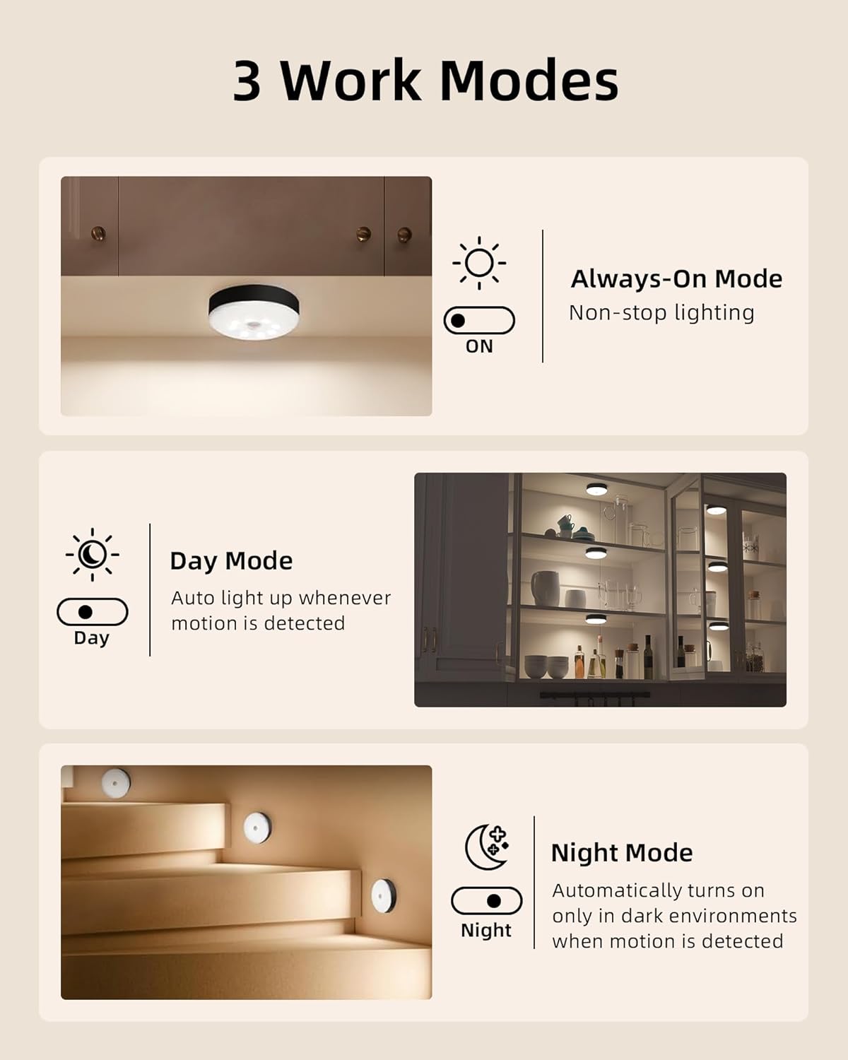 EZVALO Under Cabinet Lighting,1000mAh Rechargeable Puck Lights with Remote,3 Color Temps & 12 RGB Motion Sensor Closet Lights Indoor,Dimmable Under Cabinet Lights for Kitchen,Cabinets,Closet (3 Packs)