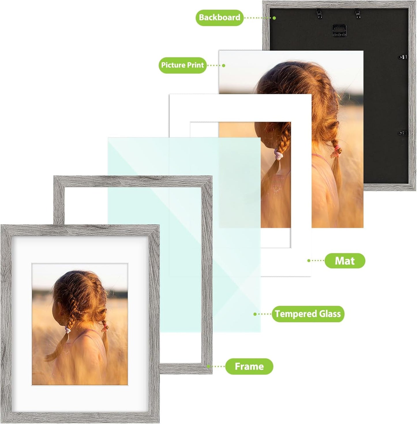 Golden State Art, 11x14 Picture Frame with Mat for 8x10 - High Definition Glass Wall Mounting Horizontal Vertical Display (Gray, 1 Pack)