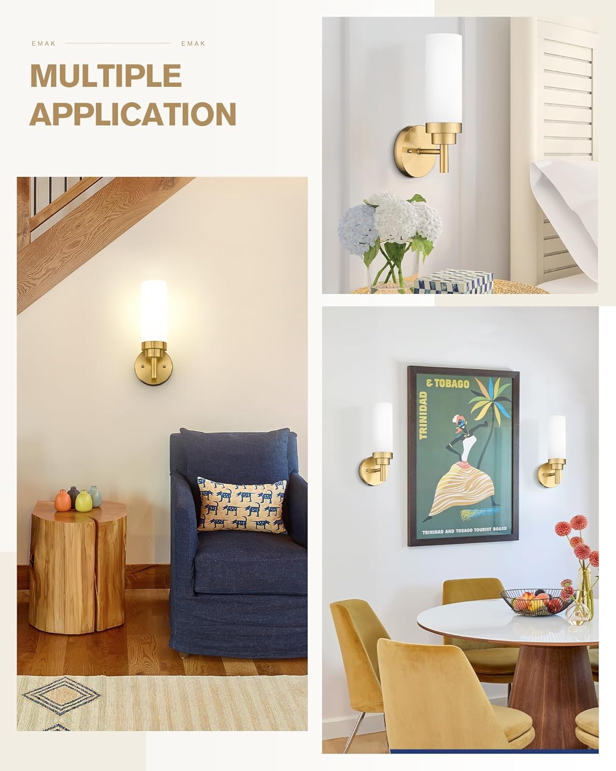 Emak Wall Sconces Set of 2, Modern Brushed Gold Bathroom Vanity Sconce Wall Lighting with Milk Glass Shade for Bathroom, Bedroom, Living Room, Hallway, WS085-BGD-ML-2PK