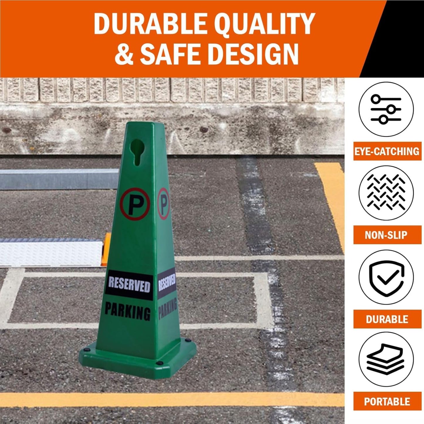 26.5" Caution Cones, 4-Sided Visible Safety Signs with Heavy Rubber Base, Warning for Slip & Fall Prevention, Indoor/Outdoor Use (8, Reserved Parking-Green, 26.5 inch)